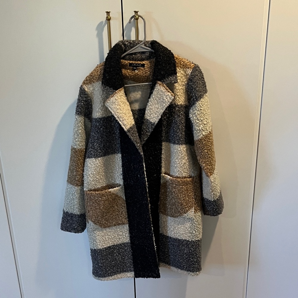 CHARLIE B Women's Striped Pea Coat - Cream, Brown, Black